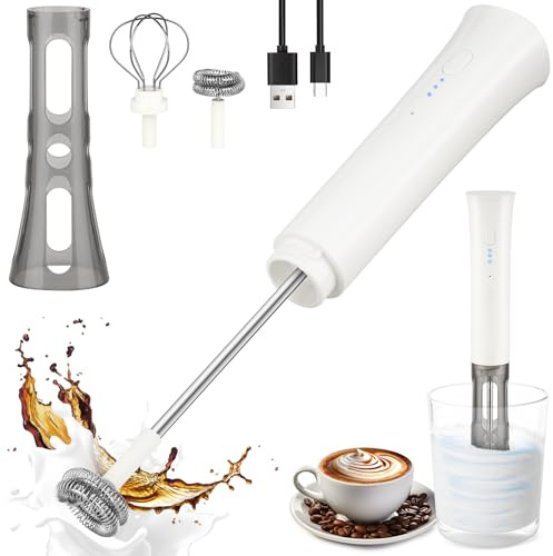 Milk Frother Wand for Coffee, Silent Coffee Foamer Drink Mixer,Handheld Frother Rechargeable Electric Whisk with 2 Heads 3 Speeds for Latte, Cappuccino, Hot Chocolate, Egg(Home and Travel Set White)