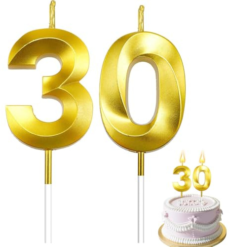 Candele di compleanno, Candele con numeri da 5cm, Candela numero 30, Candele in oro, Candele di compleanno per torta, Candele per torte, decorazioni per feste (Numero 30)