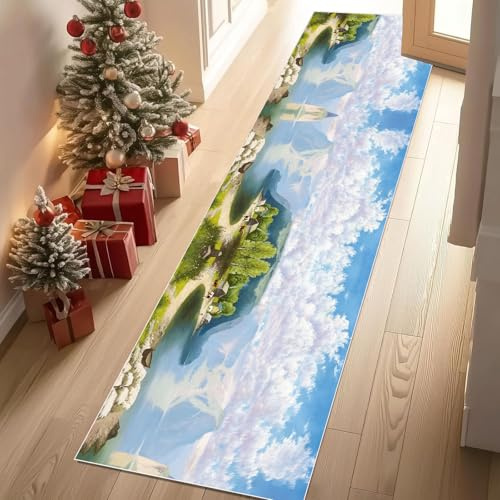 Meugesoi Natur Scenery Seen Berg Teppich Läufer rutschfest Waschbar Rustikal Flurteppich Küchenteppich 80x240 cm, Teppichläufer für Bettvorleger Wohnraum Flur Waschküche