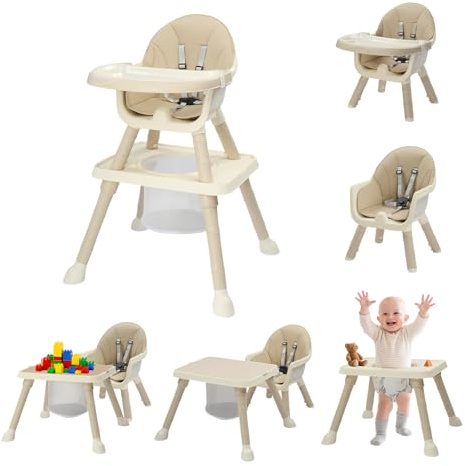 Bonnlo Baby Hochstuhl mit Liegefunktion, Hochstuhl Baby ab 6 Monate für Essen und Badewanne, Premium Babystuhl mit Goldrahmen, Inkl. Doppeltablett und Fußstütze, Bis 15 kg (Beige)