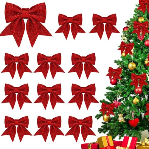 Weihnachtsbaum Deko, 12 Stück Rote Glitzer Schleifen Weihnachtsbaum, Weihnachtsbaumschmuck Schleifen, für Zuhause Festival Party Baumkranz Dekorationen