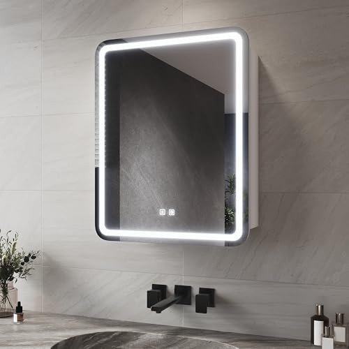 SIRHONA Armoire de Toilette Miroir, Installation Rapide, 55x70x15cm, Armoire Salle de Bain Miroir avec 3 Couleur Lumière, Dimmable, Désembuage, Douille, Meuble de Rangement Couleur Claire