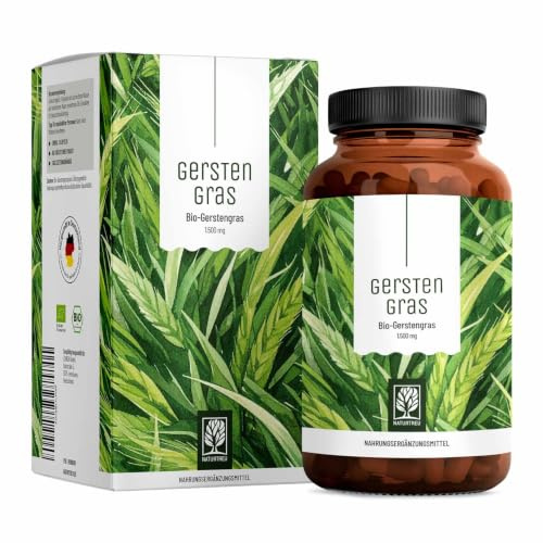 Naturtreu Bio Gerstengras Kapseln hochdosiert - 1.500 mg Gerstengras pro Tagesdosis - 180 Kapseln - hergestellt und angebaut in Deutschland - Vegan
