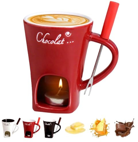 Generisch Schokofondue Tasse, Schokofondue, Keramik Schokobrunnen mit Gabel, Chocolate Fondue Set für Käse, Schokolade, Butter und Karamell (Rot)