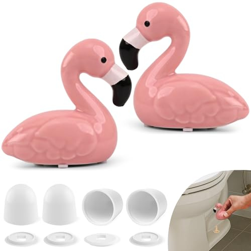 NEEXAN Pink Flamingo Toilet Bolt Covers Decorative Set – 2 Ceramic Flamingo Toilet Bolt Caps and 4 Universal Toilet Screw Cover Caps, Fun Bathroom Décor & Gift Idea