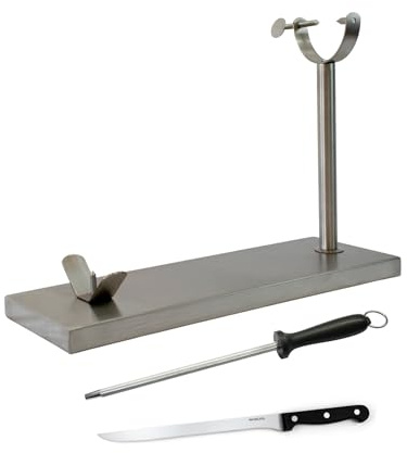 Fackelmann Set Soporte Jamonero Fijo Acero Inoxidable, 49x34 cm, Especial Jamones Grandes, Incluye Cuchillo Jamonero 34/34 cm y Chaira