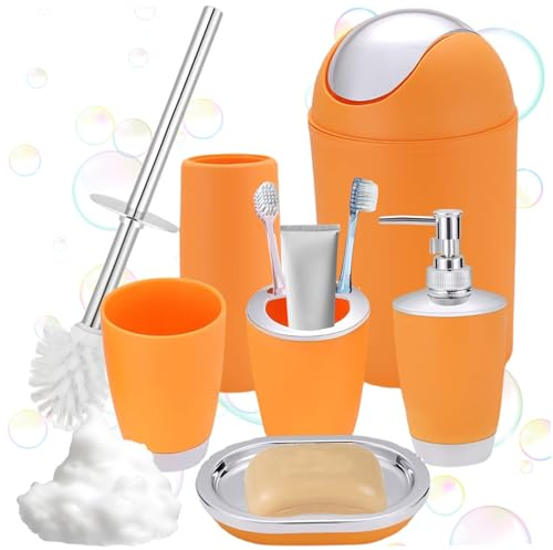 Set di accessori da bagno arancione - Il set in PP include pattumiera, portasapone, scopino per WC, portaspazzolino