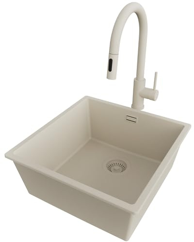 PRIMAGRAN Fregadero bajo Encimera al Mueble 50cm + Grifo, 46x47cm | Set: Grifo BW9010 + Kit de desagüe (sifón, válvula, rebosadero) + London 1 Seno Granito, Todo Beige
