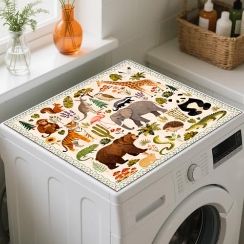 GLOBLELAND Staubschutzmatte Für Waschmaschine Und Trockner Mit Dschungeltiermotiven 60x50cm Zootieren Und Pflanzen Elefantenmotiv Rutschfest Für Waschküchen