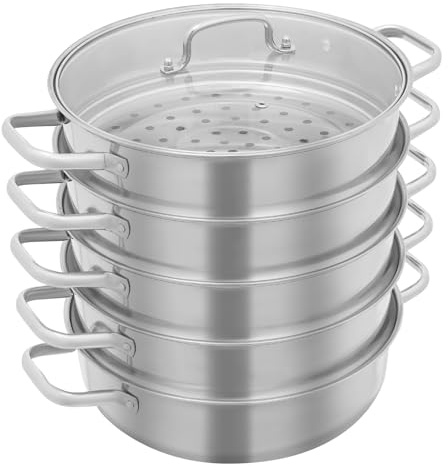 Gardampfkochtopf 5 Etagen Mantowarka Dampfkocher aus Edelstahl, 30cm Dampfgarer Topf Multifunktionale Dampfeinsätzen Kartoffeldämpfer Dampfgartopf Dampfgarer Kochtopf mit 4* Dampfgitter Dampftopf