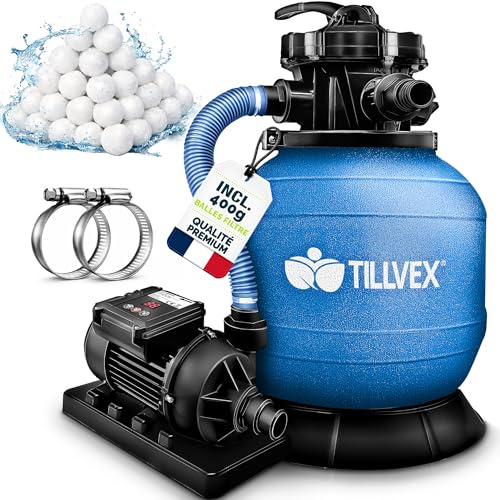 tillvex Depuradora de Agua para Piscina con temporizador 7.900L/h + 400g Bolas de Filtro | 7 Funciones de Filtrado & Adaptador Ø32-38mm | Filtro de piscina con indicador de presión (Azul)