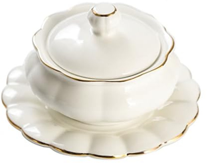 Ceramic soup tureen with lid, round white soup bowl with golden rim, serving tureen serving bowls for restaurant home, parties kitchen decoration(Gold)