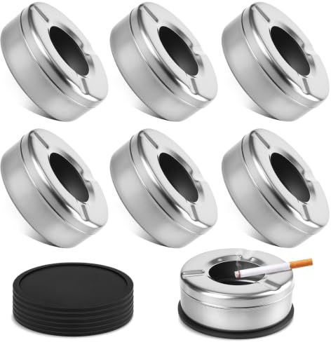 Set of 6 Ashtrays Stainless Steel with Lid, 10 cm Table Top Wind Ashtray with Non-Slip Silicone Pad, Stainless Steel Ashtray for Outdoors, KTV, Restaurant, Hotel, Living Room