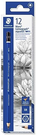 STAEDTLER wasservermalbare Künstlerbleistifte Mars Lumograph aquarell, Sechskantform, unglaublich bruchfeste Premium-Bleistifte, hohe Qualität, Härtegrad 8B, Faltschachtel mit 12 Bleistiften, 100A-8B