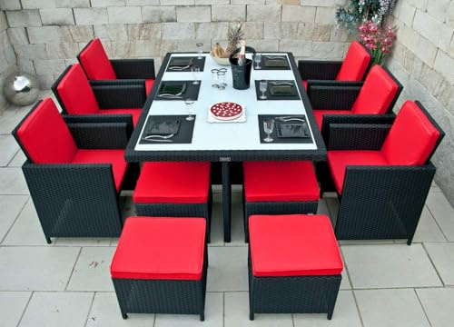 Ragnarök-Möbeldesign Heimdall Premium PolyRattan - Deutscher Hersteller - 8 Jahre GARANTIE - Aluminium Gartenmöbel Essgruppe Tisch Stuhl Hocker Schwarz Rostfrei Rattan Garten Sitzgruppe