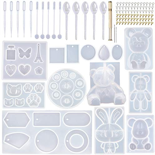 EuTengHao 132Pcs Tierische Silikonformen DIY Harzgussformen Kit Enthält 4 Bären Harzformen 3D Bär Kaninchen Katze Pfotenform Eiffelturm Schmuck Kristallharzform