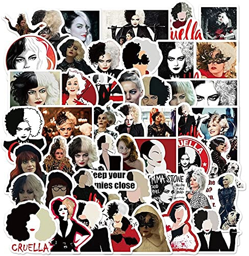 Cruella Film Vinyl Decal Stickers - Set of 50 Die-Cut - Suitable for Laptops, Phones, Cases, Walls, Luggage, Books, and Water Bottles