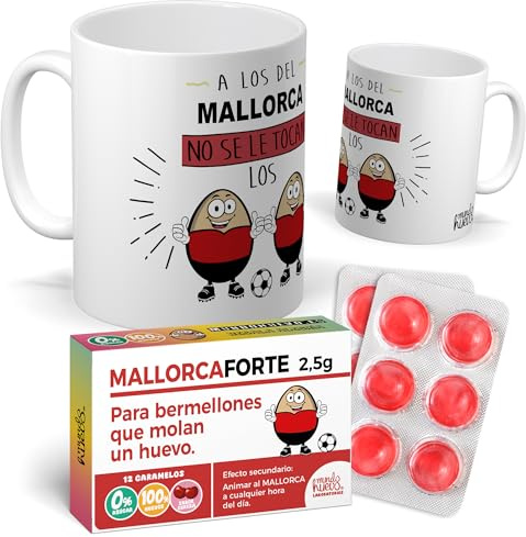Taza para hinchas | A los del Mallorca no se le tocan los huevo | Pack con Taza + Caramelos Divertidos | Regalo Original para Día del padre | Perfecto para Navidad o Cumpleaños