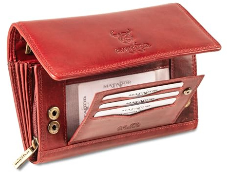 MATADOR Leder Geldbörse Damen Rot Groß #PRAG mit edler Geschenk Verpackung, Luxus RFID Geldbeutel Damen Gross, Geldtasche Frauen Viele Fächer, Edles Portemonnaie Leder Lang, Rot