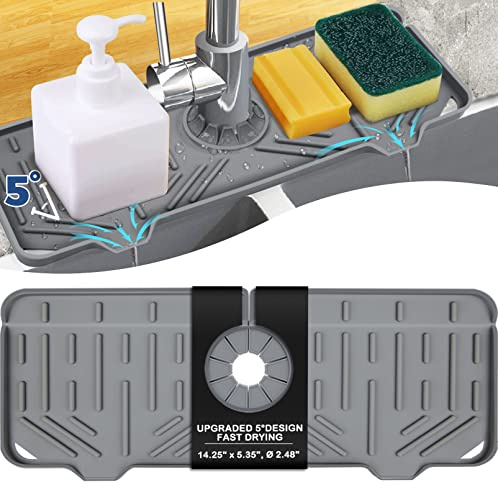 BFONS Silicone Faucet Handle Drip Catcher Drying Tray Mat Dish Soap Sponge Holder Accessories Gadgets for Kitchen Counter Bathroom Kitchen Sink Splash Guard -Grey
