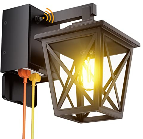 Ehaho Porch Lights with Outlet, Dusk to Dawn Outdoor with Outlet Built-in, Waterproof Anti-Rust Aluminum Outside Light with GFCI Outlet, Wall Sconce Light with Plug for Front Door (Black 1PC)