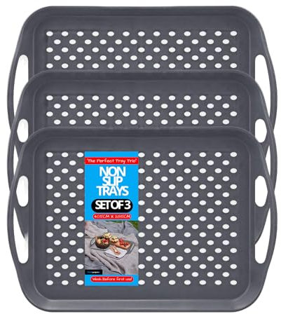 FIVEGGADGETS® (3 Pack) Non-Slip Serving Trays – Anti-Slip Lap Trays for Eating, Dinner, Tea & TV Meals – High-Grip Rubber Surface for Waiters & Home Use – Essential Food Tray (Grey)