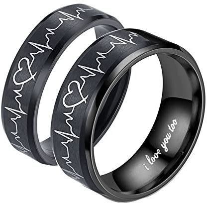 Homxi Trauring Gravur,Ringe Set Edelstahl 6/8MM Schwarz Ring Herzschlag Trauringe für Paare Damen 52 (16.6) + Herren 62 (19.7)