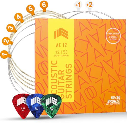 MOOZAK Akustik-Gitarren-Saiten 80/20 Bronze, Leichte Stärke 12-53, Haltbare und helle Stahlsaiten, Zusätzliche 1. und 2. Saiten, 3 Picks im Lieferumfang – Ideal als Geschenk und für alle Spieler