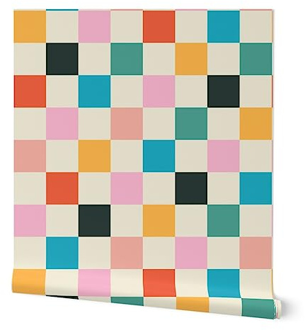Peel & Stick Wallpaper Swatch - Retro Checkerboard Pink Orange Modern Multicolor Checker Custom Removable Wallpaper by Spoonflower