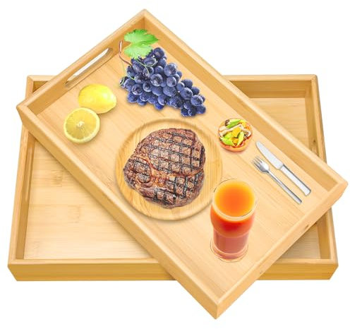 Cinnani 2 Stück Tablett Serviertablett Bambus Holz, Holztablett Rechteckig, Bambus Serviertablett mit Griffen, Holz Servierplatte für Frühstück, Tee, Couchtisch, Küchen Deko Bett - L