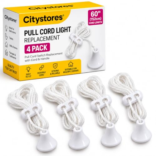 Citystores® 4 Pack Pull Cord Light Switch Replacement – 60 (152cm) Bathroom Ceiling Light Pull Cord with Handle, Spare Switch String for Toilet, Utility Room & Home Lighting