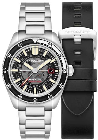 Spinnaker Herren-Armbanduhr 43 mm Fleuss Automatik Severn Edition mit massivem Edelstahlarmband SP-5118, Neoprenanzug, Schwarz, Armband