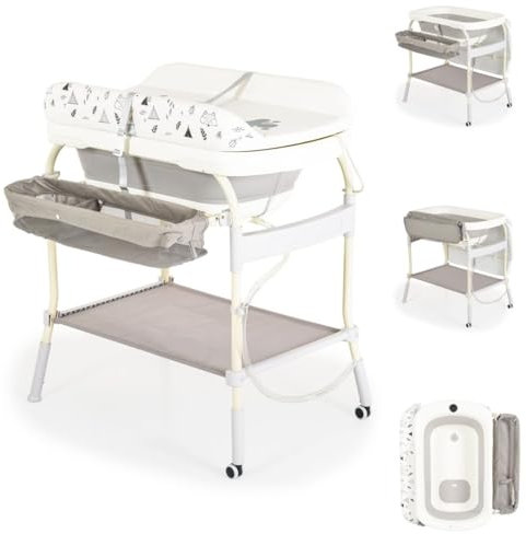 Cangaroo Babybadewanne Wickeltisch 2 in 1 Garda Thermometer Räder Wickelauflage grau