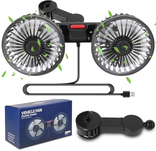 TGKYK Ventilatore per auto, 5 V 2 A, poggiatesta a doppia testa, ventola per auto, 3 marce, ventilatore per sedile posteriore, ventola girevole a 360°, ventilatore USB, auto, sedile posteriore per
