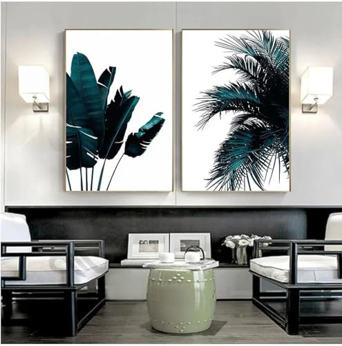 NXMYDBD Blauer Bananen-Palmenblatt-abstrakter botanischer Leinwanddruck, Gemälde im nordischen Stil, kreatives Bild, moderne Heimdekoration, 60x80cm (24x31 Zoll) x2, ungerahmt