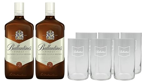 Ballantine's Finest Whisky Escocés, Pack de 2 Botellas y 6 Vasos de Regalo, 1 L