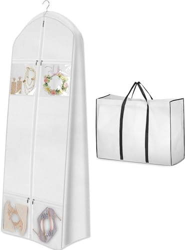 OUYUE Borsa Porta Abiti 2 Pezzi 70 Porta Abiti per Abito da Sposa con Borsa per La Sposa. Borse per Abiti A Soffietto da 8 per Abiti Lunghi con 4 Tasche. Copriabiti Antipolvere