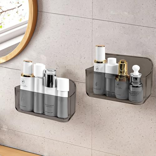 CGBE Duschablage Ohne Bohren Badezimmer Organizer Grau 2er Set | Schwebende Regale & Ablagen, Selbstklebend Kunststoff, Acryl Wandregal für Badezimmer, Küche und Wohnzimmer mit 3 Klebepads