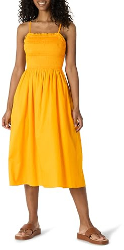 Amazon Essentials Abito con Corpetto Ricamato a Punto Smock in Raso di Cotone, Vestibilità Classica Donna