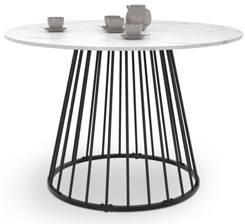 IDMarket - Table à Manger Ronde YUNA 6 personnes Plateau Effet marbre Blanc Alaska et pied filaire en métal Noir 110 cm