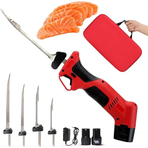 Uppladdningsbar fiskfilékniv Sladdlös elektrisk filékniv med 4 Ti-Nitrid SS-belagda non-stick blad och 2 batterier, säkerhetslås, for hem, restaurang, picknick