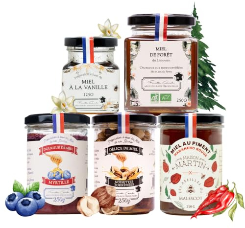 Les Abeilles de Malescot – Assortiment Gourmet de 5 Miels gourmets – Forêt, Vanille, Noisettes, Piment, Myrtille – Miels artisanaux et créations gourmandes – 125 g à 250 g