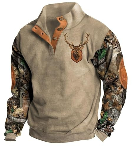 oneforus Hommes Chasse au cerf Bouton Bas Henley Chemises Vintage Graphique Western Sweats à Capuche Pull à Manches Longues Sweatshirts