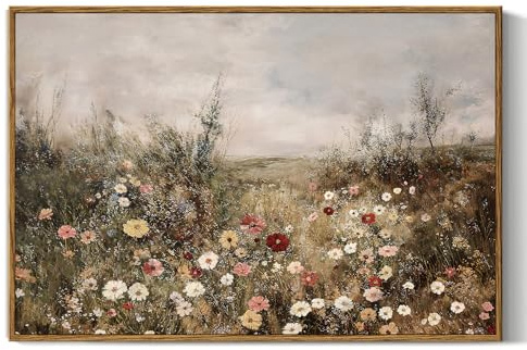 InSimSea Gerahmte Leinwanddrucke, Vintage-Dekor, klassische Wildblumenfeld, Wiese, Blumen, Malerei, rustikale Landschaft, große Wandkunst für Wohnzimmer, Schlafzimmer, Zuhause, Badezimmer