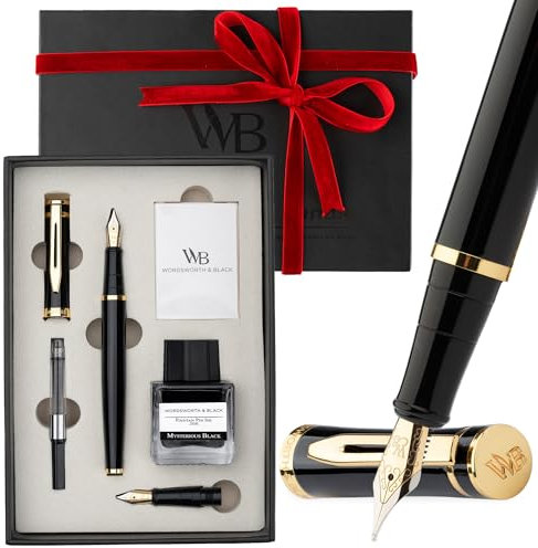 Wordsworth & Black Füllfederhalter-Set, 18K vergoldete Feder in Mittel und Extrafein, 25ML schwarze Tinte, 6 Patronen, Nachfüllkonverter, Geschenkbox – Schwarz Gold, Geschenk für Männer & Frauen