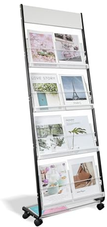 MIYOLU 4-Tier Floor-Standing Magazine Rack with Wheels – Perfect Brochure Display Stand for Exhibitions, Offices, and Information Hubs (Black-White)