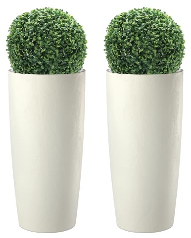 Erba Vaso Alto per Piante da Interno ed Esterno Design Moderno con Effetto Cemento Mandorla e Antracite Fioriera Alta con Sottovaso Musa Matte 35x70 e 35x90 (Mandorla, 2 pezzi 35x70 con bossi)