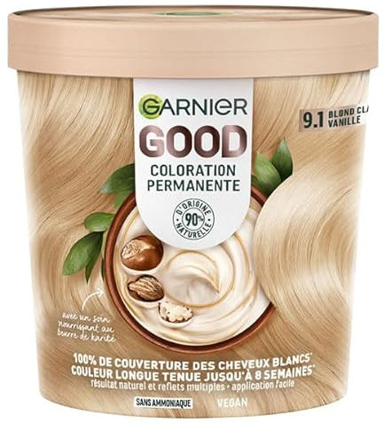 Garnier - Permanente Haarfärbung – ohne Ammoniak – 90% natürliche Inhaltsstoffe – Sheabutter – 100% Abdeckung für weißes Haar – GOOD Bond Light Vanille 9.1