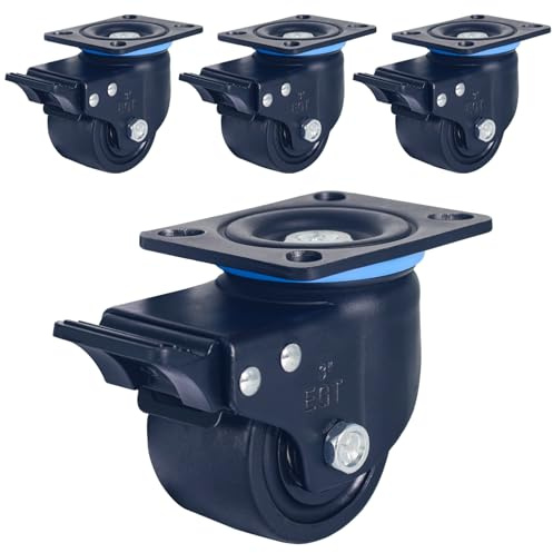 TZZCA Low Gravity Center Caster Wheel, 3 inch Swivel Plate Heavy Duty Industrial Caster with Brake Nylon Wheel Set of 4 Load Capacity 4400lbs Low Profile Caster for Cart, Toolbox Workbench