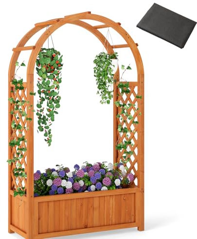 COSTWAY Garden Planter with Arch Trellis, Liner and Drainage Holes, Wooden Raised Bed for Climbing Vine Plants Vegetables, Outdoor Trough Container Grow Box for Backyard Balcony